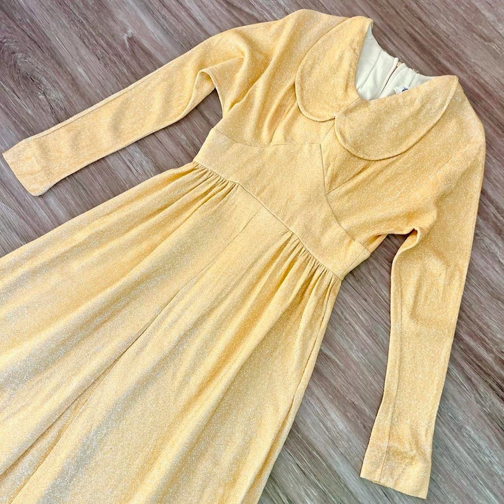 Vintage 1970s Gold Sparkly Dress Lurex Collar Glam Glamorous Maxi 70s Disco